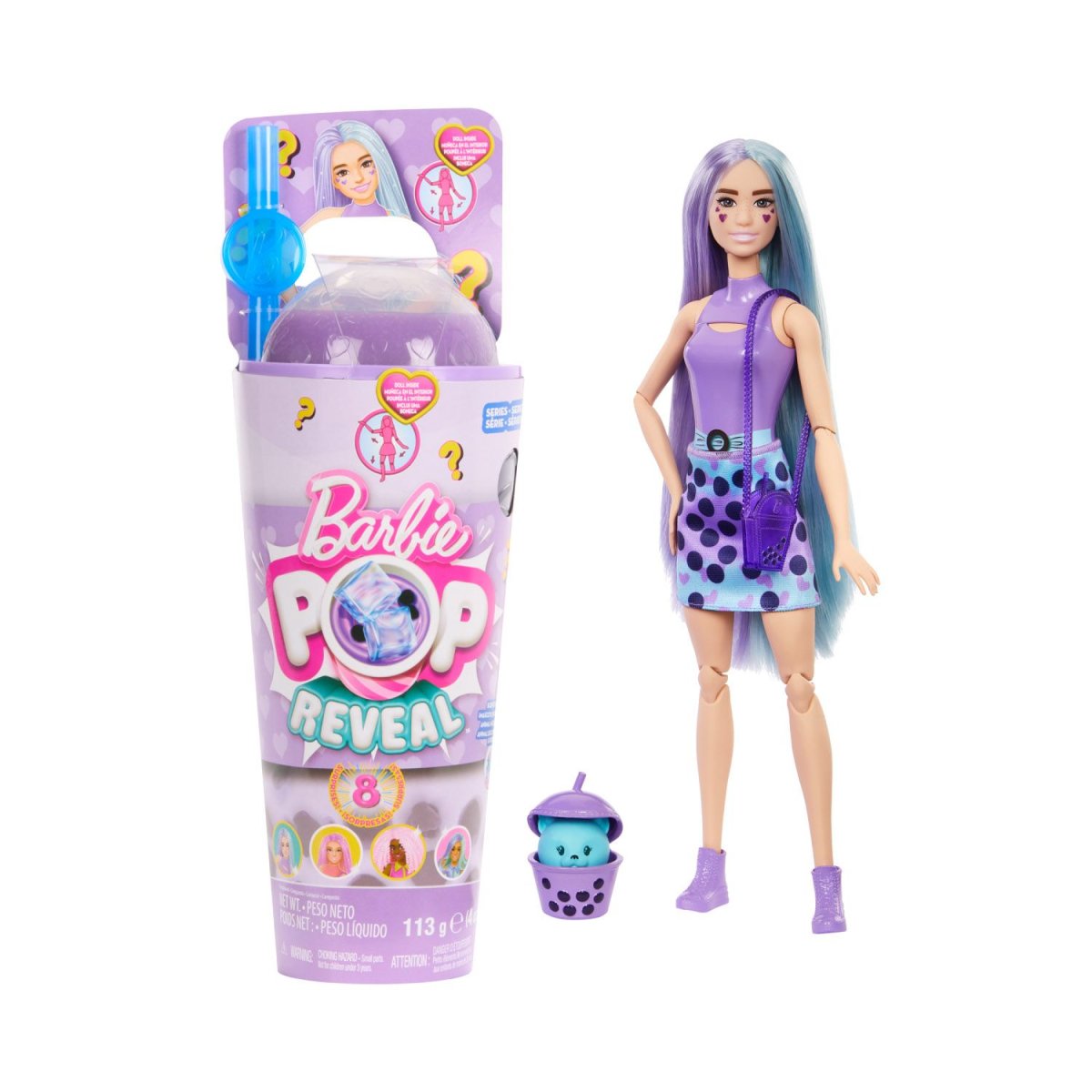 Barbie Pop reveal serie bubble tea, taro milk profumata con cucciolo e 8 accessori, effetto cambia colore