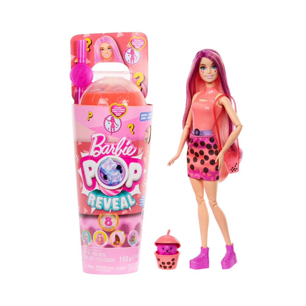 Barbie Pop reveal serie bubble tea, mango mochi profumata con cucciolo e 8 accessori, effetto cambia colore