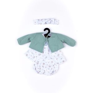 Completo primaverile con camicetta, pantaloncino, giacchino verde in tricot e fascia per My FAO Doll 40 cm