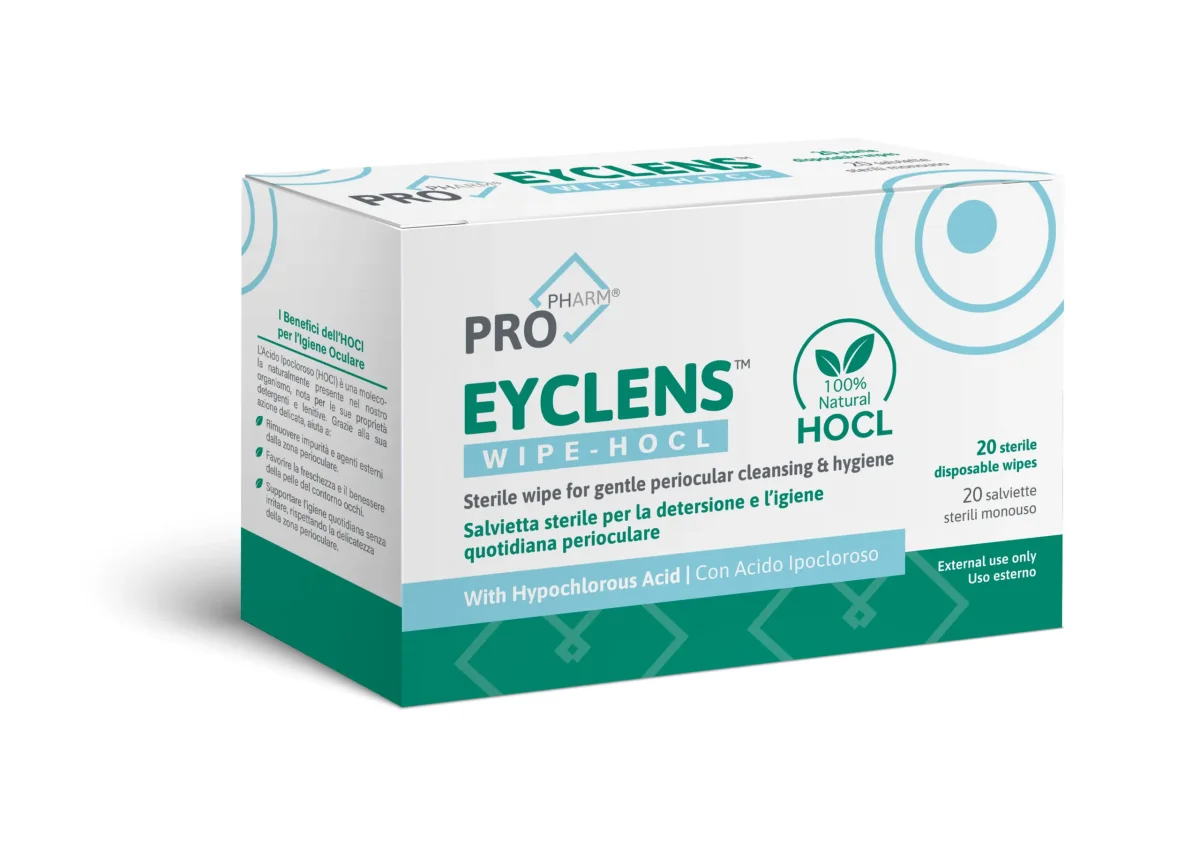 Salviette sterili per la detersione e l’igiene quotidiana perioculare con Acido Ipocloroso – Eyclens™ Wipe HOCL 20PZ