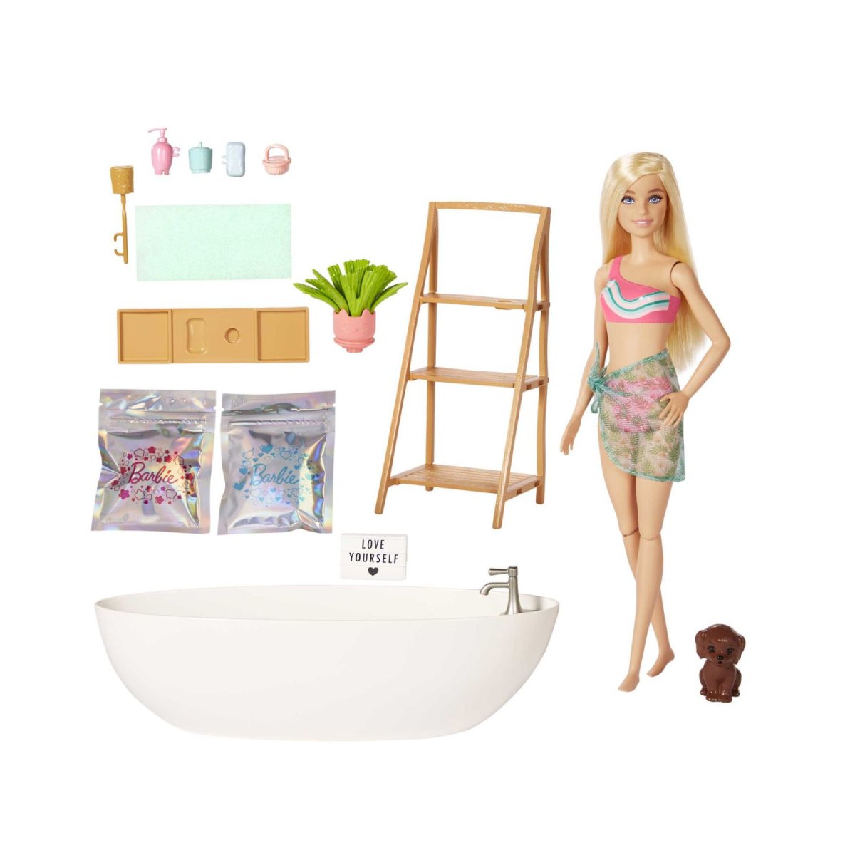 Barbie Vasca Relax Playset, Con 1 Bambola, 1 cucciolo e coriandoli di sapone colorati