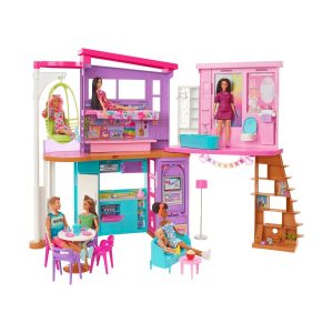 Barbie Casa Di Malibu, Playset Casa delle Bambole con 2 piani, 6 stanze, ascensore altalena e più di 30 pezzi