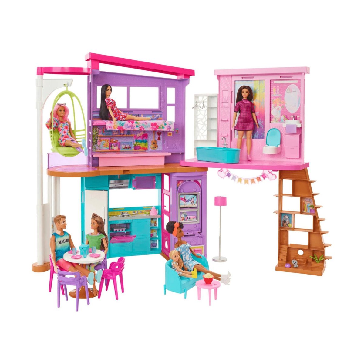 Barbie Casa Di Malibu, Playset Casa delle Bambole con 2 piani, 6 stanze, ascensore altalena e più di 30 pezzi