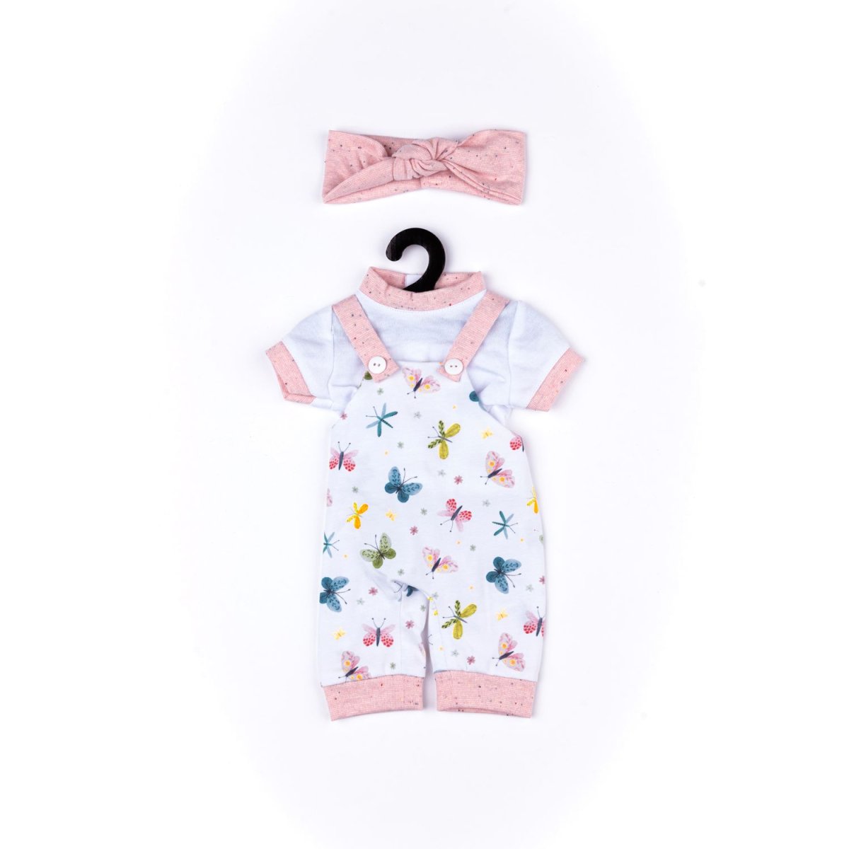 Salopette in cotone a fantasia con farfalle stampate, maglietta e fascia per My FAO Doll 40 cm